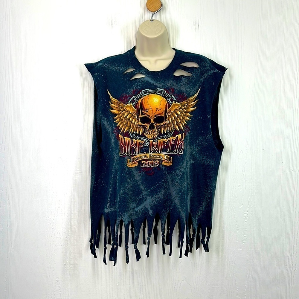 Gildan - 78th 2019 Skull Distressed Fringe Sleeveless Bike Week Daytona Fl Large